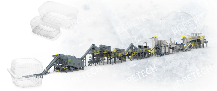Boretech has implemented its self-developed PET TRAY washing process to achieve a true tray-to-tray closed-loop recycling system.  This facility recycle tray wastes to tray flakes, used in the production of recycled trays.