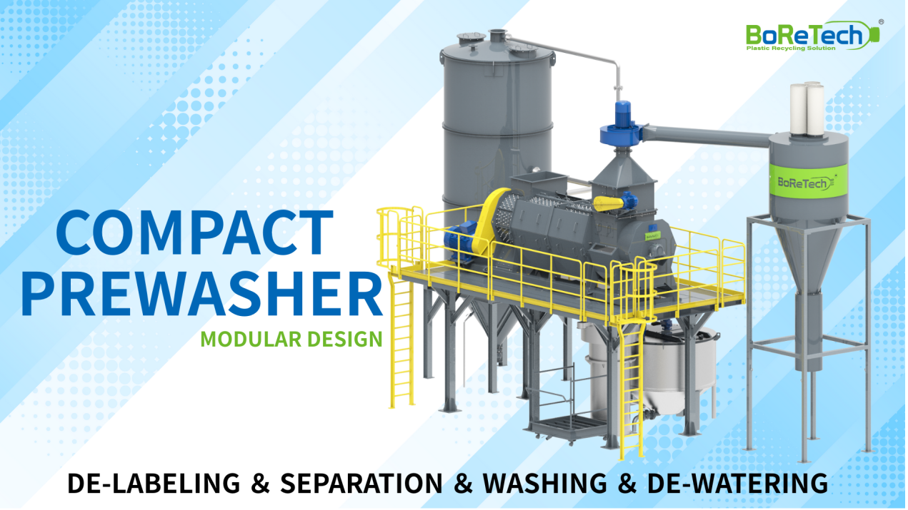 Boretech’s Compact Prewasher represents a significant advancement in PET bottle recycling technology. This innovative system integrates four key functions—de-labeling, separation, washing, and dewatering—into a single, modular unit.
