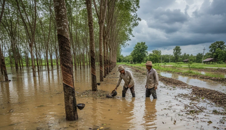 Photo of effect of the recent flood to rubber plantation.