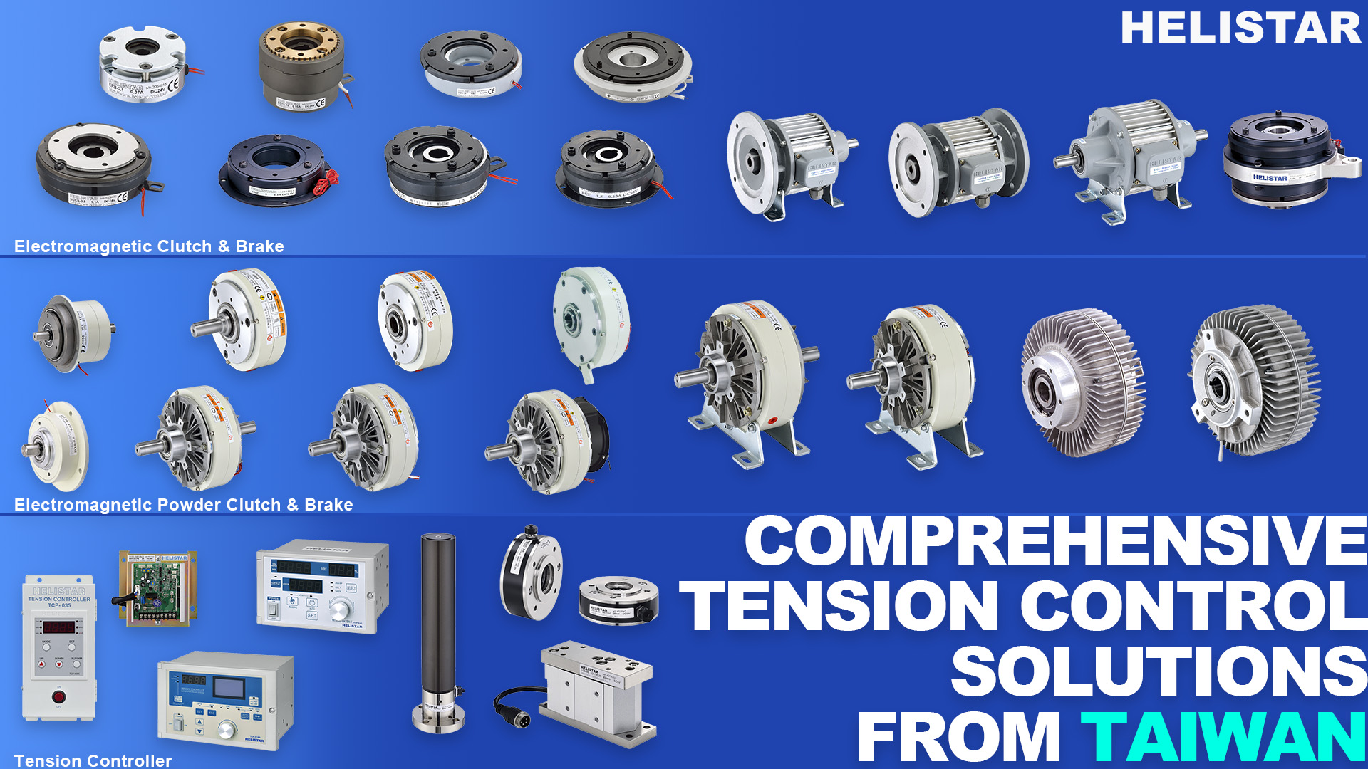 HELISTAR comprehensive lineup: electromagnetic clutches, brakes and tension controllers arranged on deep-blue background